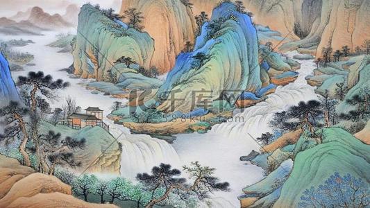 蓝色磨砂质感插画图片_肌理磨砂质感山水国画千里江山图