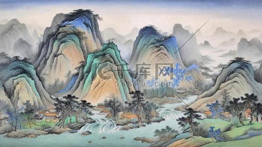 金色磨砂背景插画图片_肌理磨砂质感山水国画千里江山图