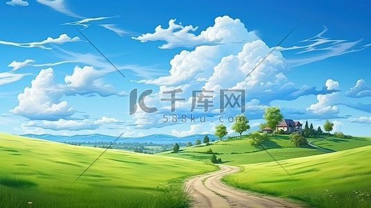 绿色打结的小草插画图片_蓝天白云绿色小草小山丘10