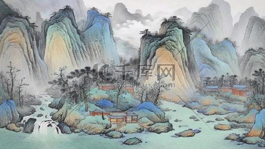 蓝色磨砂质感插画图片_肌理磨砂质感山水国画千里江山图