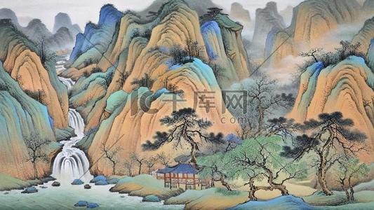 看江山如此多娇插画图片_肌理磨砂质感山水国画千里江山图