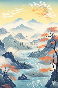中国风山水画浅蓝色1