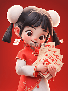 传统节日除夕插画图片_春节可爱的小女孩拿着红包