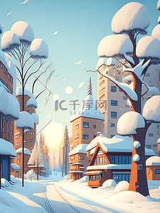 卡通道路插画图片_卡通城市雪人道路冬天风景自然雪景插画
