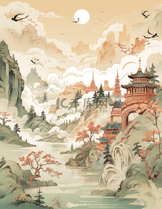 中国风古代庙宇风景山水插画仙境云雾天空