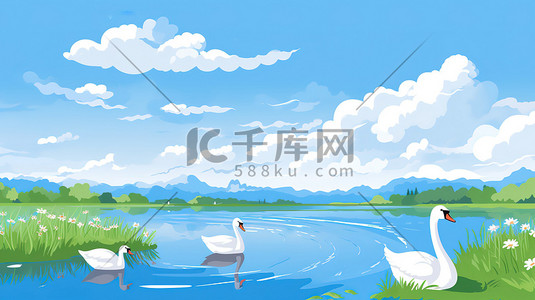 艺术数字2插画图片_鹅在湖泊游泳春天2