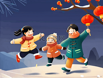 过年户外插画图片_春节过年场景儿童家庭户外老人父母新年节日