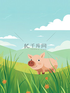 家禽插画图片_一头可爱的猪草地上9