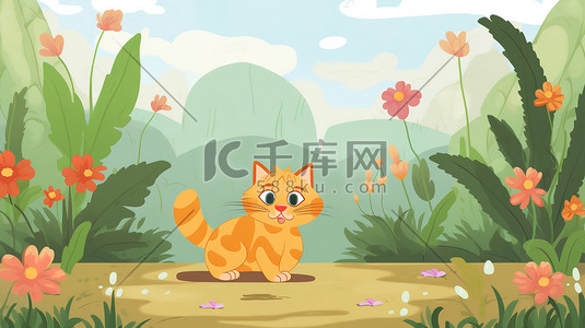 花园玩耍插画图片_一只橘猫在花园里玩耍12