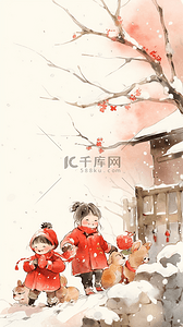 小孩拜年插画图片_新年春节人物玩耍场景水彩插画