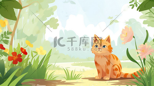 花园玩耍插画图片_一只橘猫在花园里玩耍7