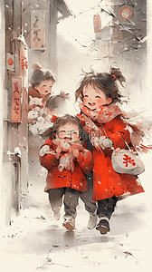 小孩拜年插画图片_新年春节人物玩耍场景手绘水彩插画