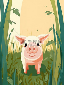 猪矢量插画图片_一头可爱的猪草地上8