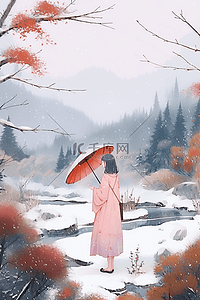 雪海报插画图片_冬天女孩赏雪海报手绘插画