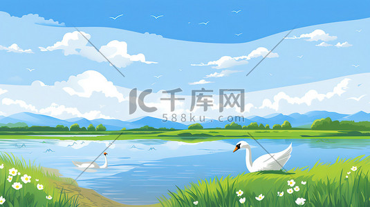 鹅在池塘插画图片_鹅在湖泊游泳春天5