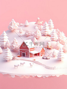 剪纸插图冬天树木雪景浅粉色8