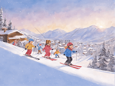 滑雪转场插画图片_冬季运动滑雪场插画旅游周末休闲