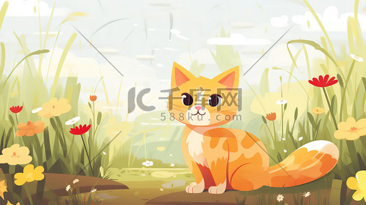 花园玩耍插画图片_一只橘猫在花园里玩耍4