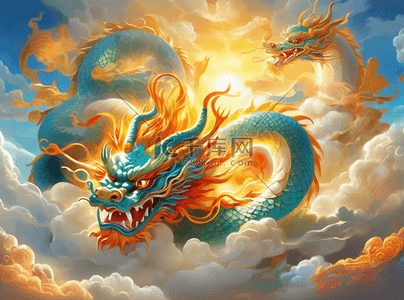 龙腾九州插画图片_中国龙霞光四射龙腾飞翔天空云雾金色红色