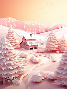 数字1设计插画图片_剪纸插图冬天树木雪景浅粉色1