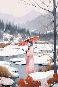 冬天女孩手绘赏雪插画海报