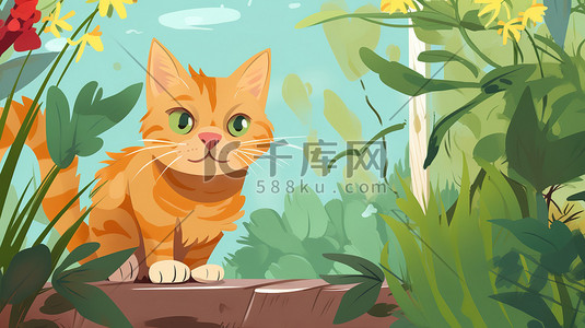 花园玩耍插画图片_一只橘猫在花园里玩耍16
