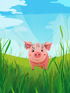 猪插画图片_一头可爱的猪草地上11