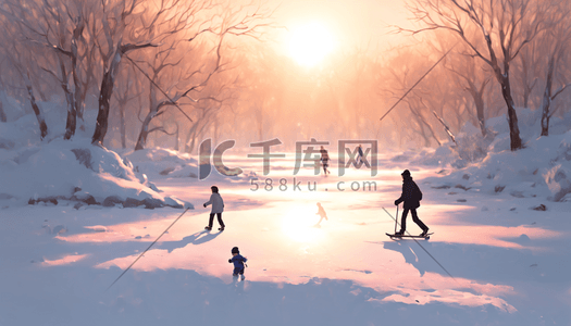 冰雪运动手绘插画图片_冬天冰雪运动滑雪公园自然户外阳光