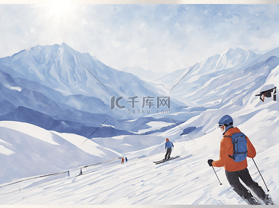滑雪转场插画图片_冬季运动滑雪场插画旅游周末休闲
