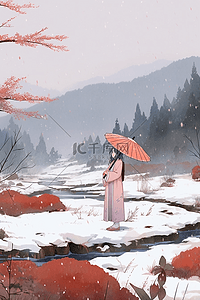 雪边插画图片_插画冬天女孩赏雪手绘海报
