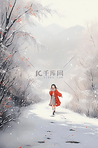 下雪道路插画图片_下雪女孩跳舞手绘冬天插画