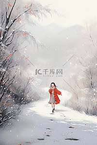 挂雪梅花插画图片_下雪女孩跳舞手绘冬天插画