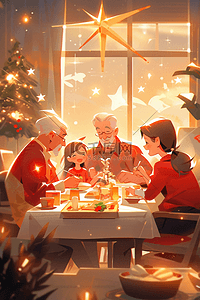 新年团圆一家人吃年夜饭手绘场景