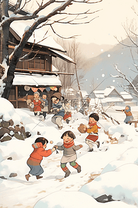 新年矢量海报插画图片_冬天新年孩子插画打雪仗手绘海报