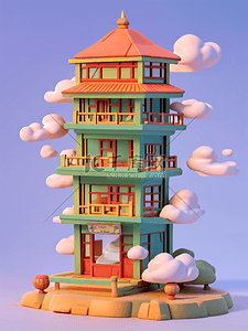 建筑模型插画图片_中国建筑模型微缩金黄色立体