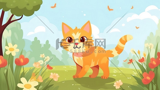 花园玩耍插画图片_一只橘猫在花园里玩耍3