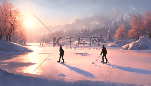 冰雪运动手绘插画图片_冬天冰雪运动滑雪公园自然户外阳光