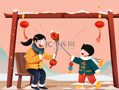 春节过年场景儿童家庭户外老人父母新年节日