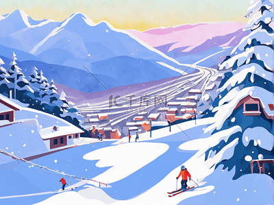 运动休闲裤子插画图片_冬季运动滑雪场插画旅游周末休闲