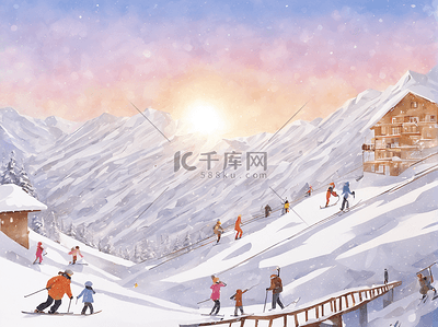 滑雪转场插画图片_冬季运动滑雪场插画旅游周末休闲