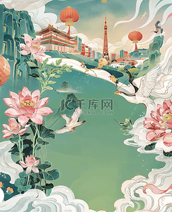 中国风古代庙宇风景山水插画仙境云雾天空