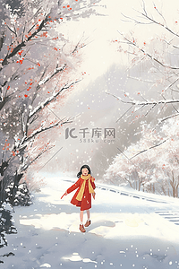 飘雪下雪雪花插画图片_冬天女孩跳舞手绘下雪插画