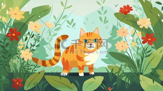 花园玩耍插画图片_一只橘猫在花园里玩耍18