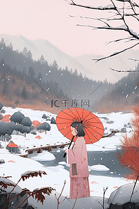 女孩赏雪冬天手绘插画海报