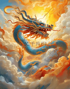 龙腾九州插画图片_中国龙霞光四射龙腾飞翔天空云雾金色红色