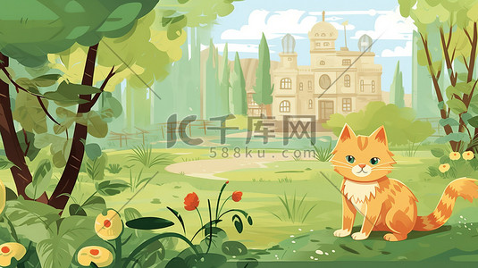 花园玩耍插画图片_一只橘猫在花园里玩耍6