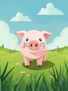 猪插画图片_一头可爱的猪草地上7