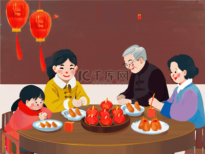 过年户外插画图片_春节过年场景儿童家庭户外老人父母新年节日