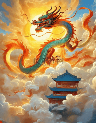 飞翔红色图片素材_中国龙霞光四射龙腾飞翔天空云雾金色红色