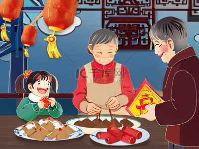 春节过年场景儿童家庭户外老人父母新年节日
